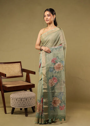 Green Linen Silk Saree With Blouse Piece