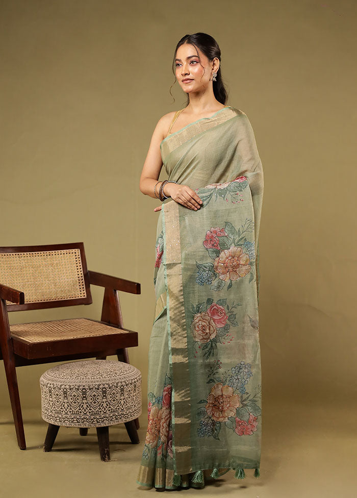 Green Linen Silk Saree With Blouse Piece