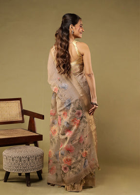 Cream Linen Silk Saree With Blouse Piece