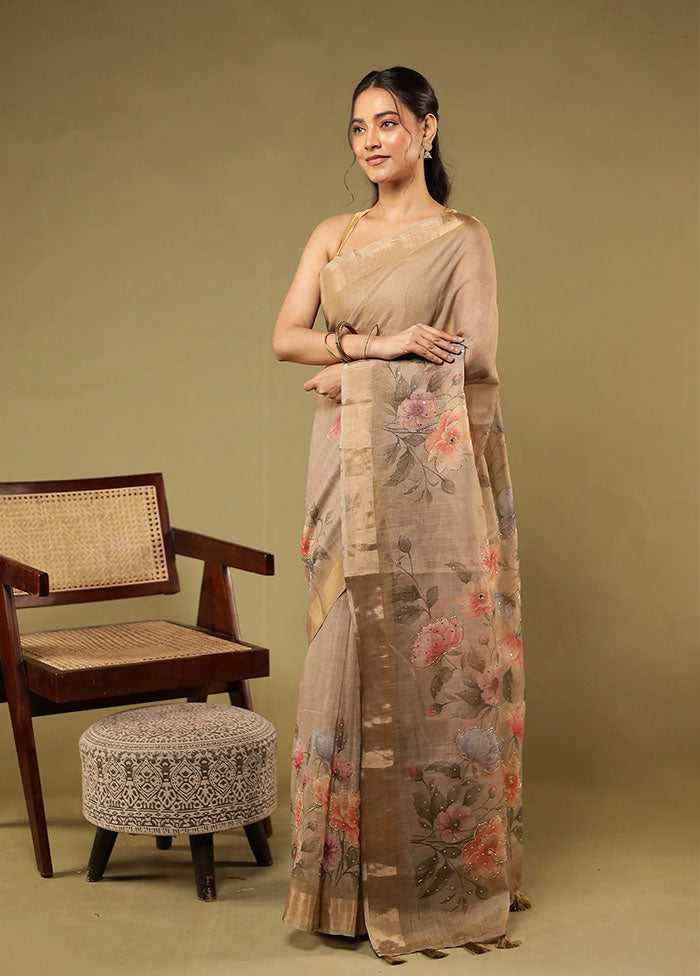 Cream Linen Silk Saree With Blouse Piece