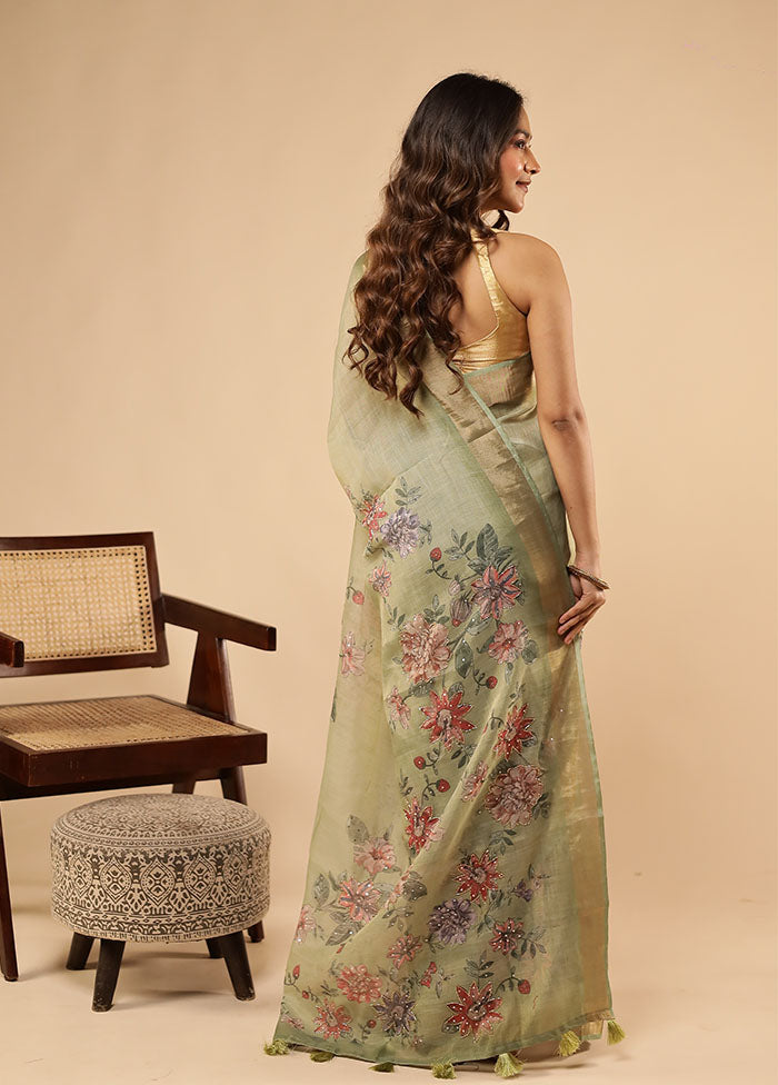 Green Linen Silk Saree With Blouse Piece