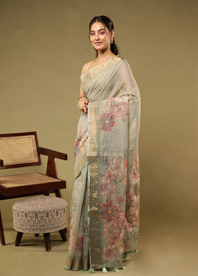 Green Linen Silk Saree With Blouse Piece