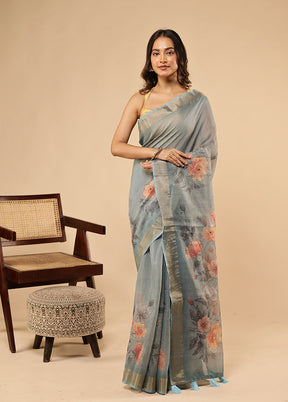 Blue Linen Silk Saree With Blouse Piece