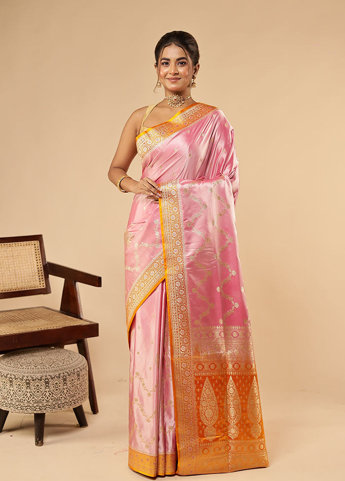 Pink Banarasi Silk Saree With Blouse Piece