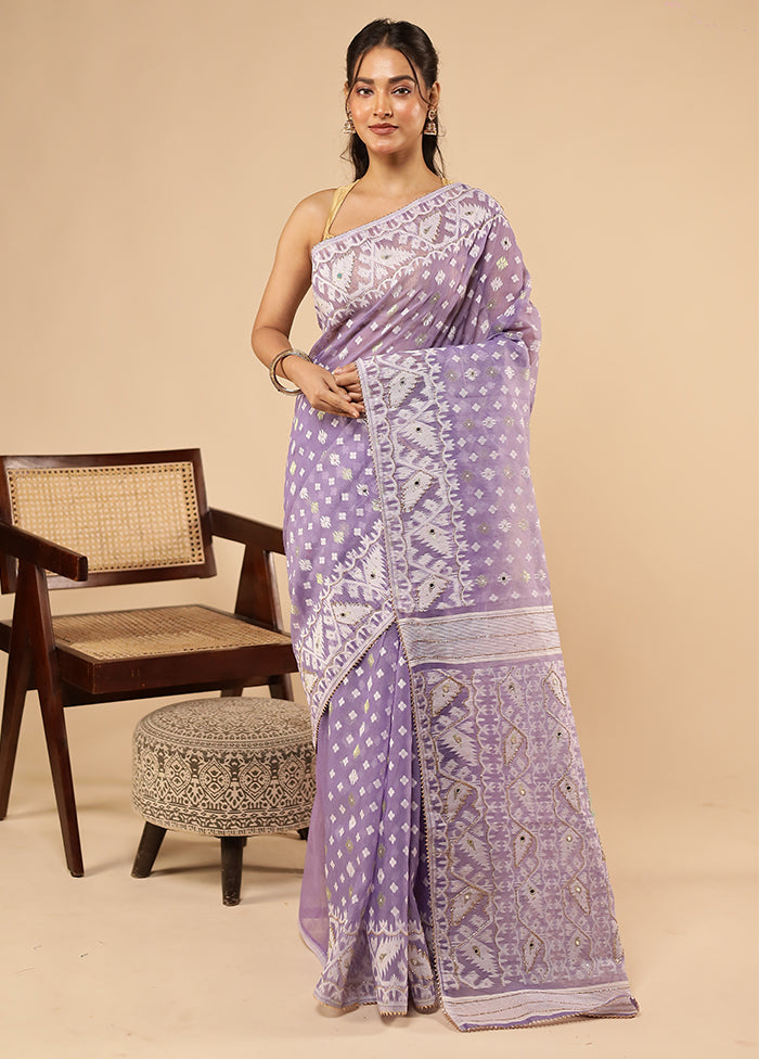 Purple Khadi Cotton Saree With Blouse Piece