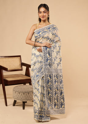 Cream Khadi Cotton Saree With Blouse Piece