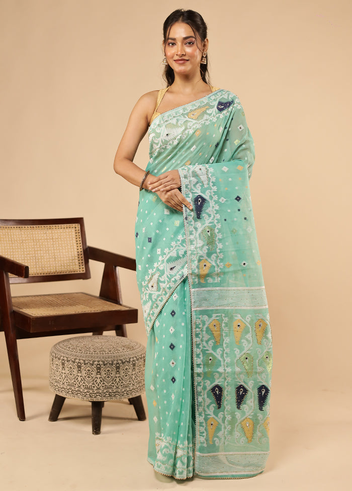 Green Khadi Cotton Saree With Blouse Piece