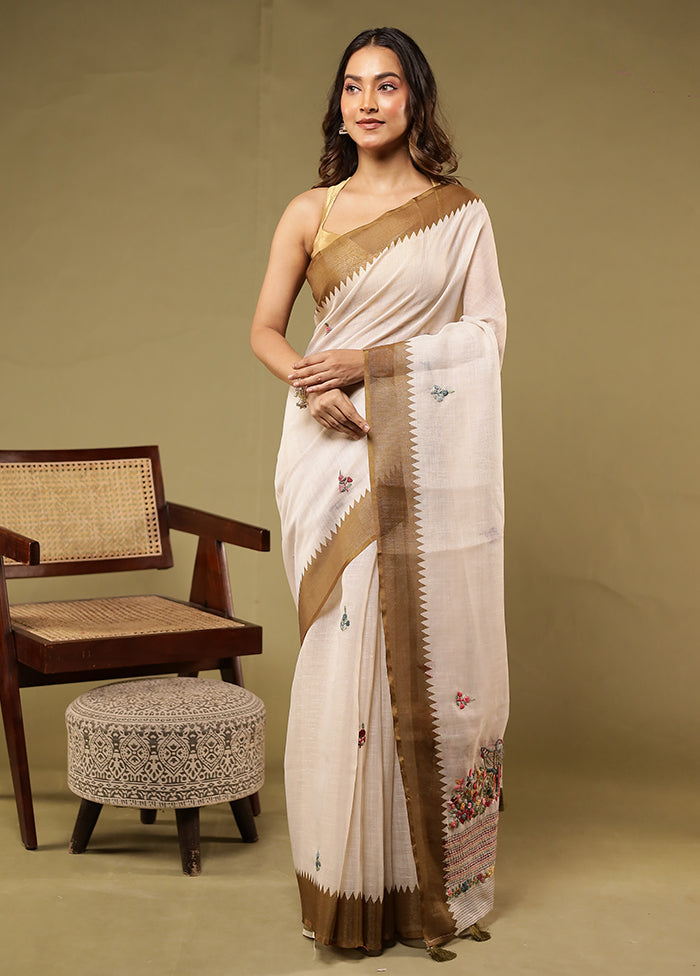 Cream Linen Silk Saree With Blouse Piece