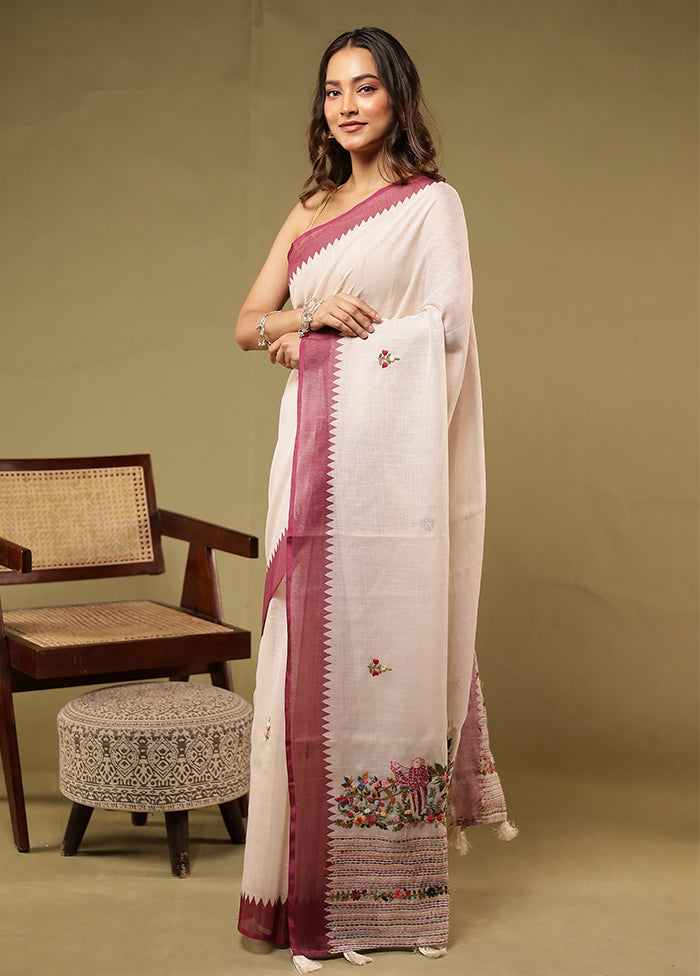 Cream Linen Silk Saree With Blouse Piece