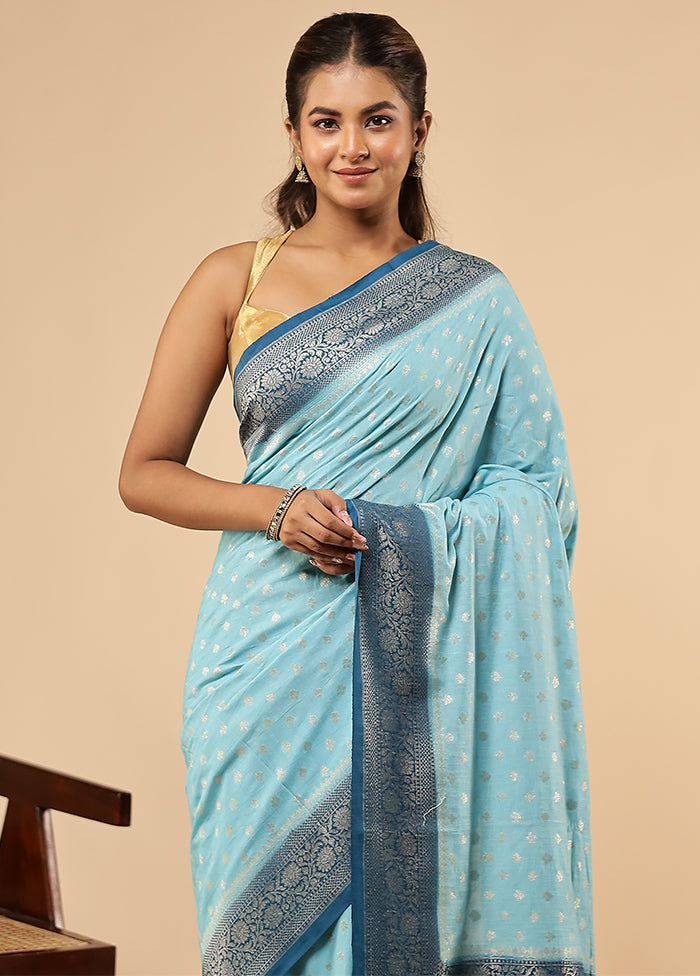 Blue Dupion Silk Saree With Blouse Piece