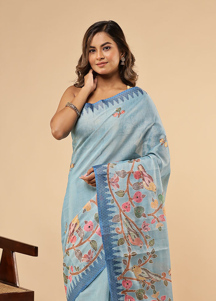 Blue Linen Silk Saree With Blouse Piece