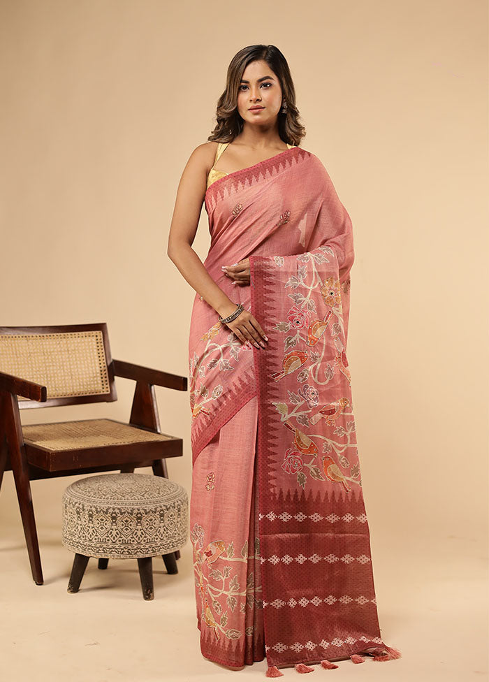 Pink Linen Silk Saree With Blouse Piece