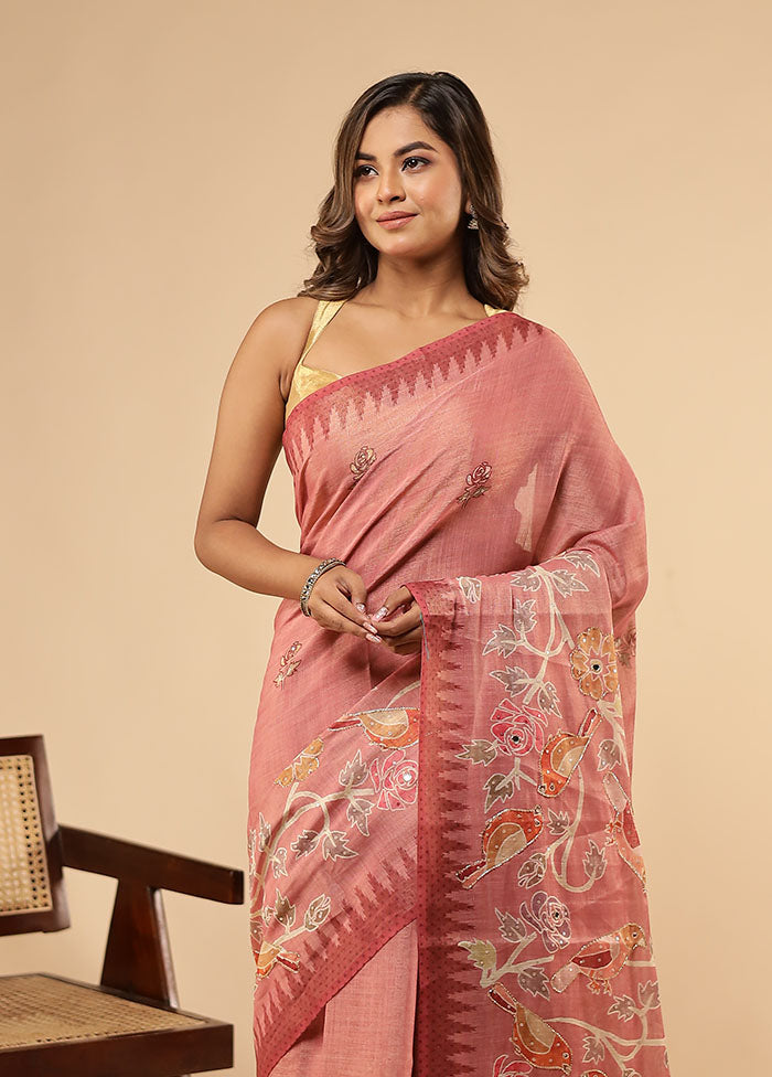 Pink Linen Silk Saree With Blouse Piece