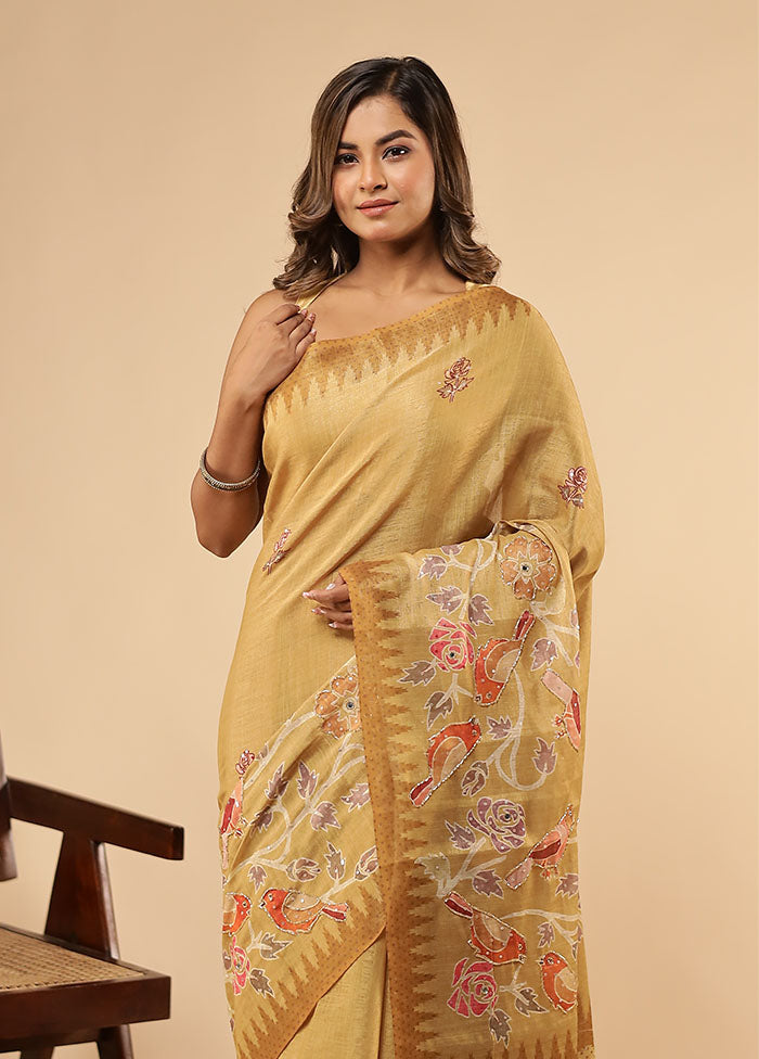 Yellow Linen Silk Saree With Blouse Piece