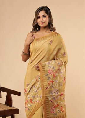 Yellow Linen Silk Saree With Blouse Piece