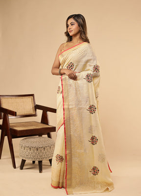 Cream Linen Silk Saree With Blouse Piece