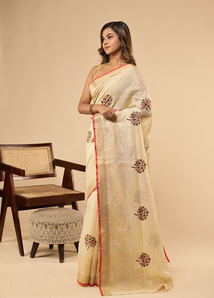 Cream Linen Silk Saree With Blouse Piece