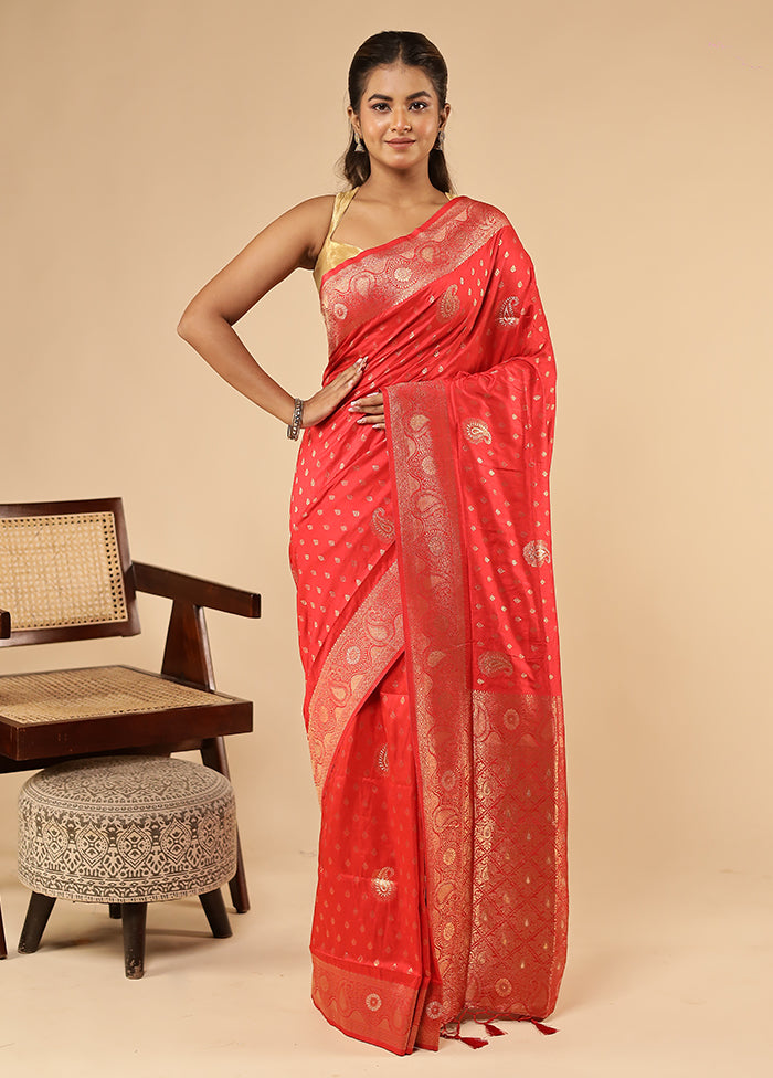 Red Dupion Silk Saree With Blouse Piece