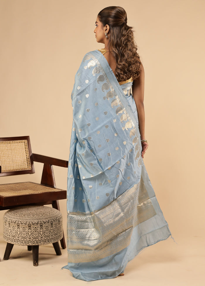 Blue Dupion Silk Saree With Blouse Piece