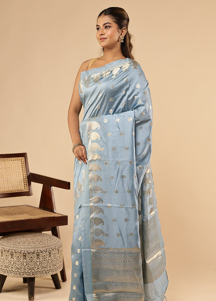 Blue Dupion Silk Saree With Blouse Piece