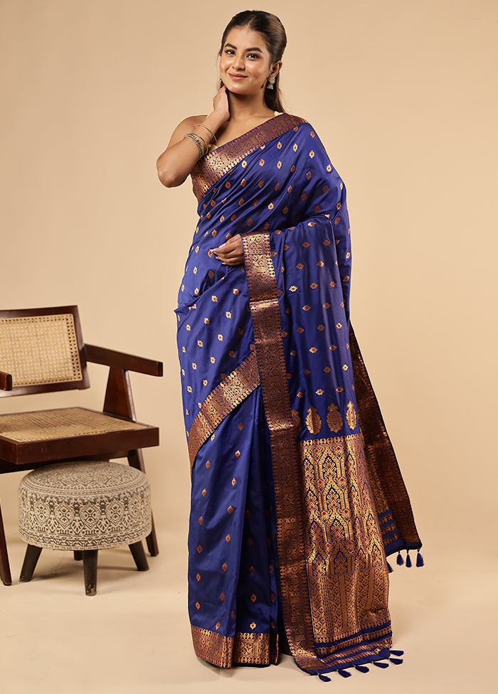 Blue Assam Silk Saree With Blouse Piece
