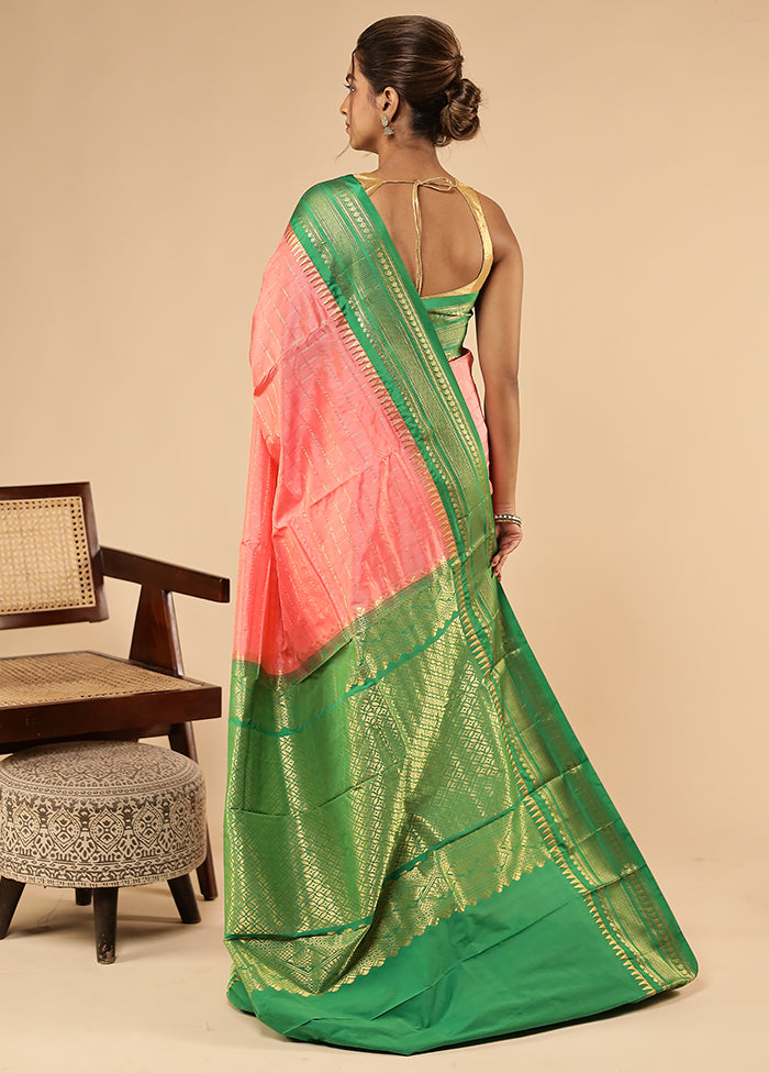 Pink Handloom Kanjivaram Pure Silk Saree With Blouse Piece