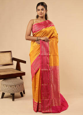 Yellow Handloom Kanjivaram Pure Silk Saree With Blouse Piece