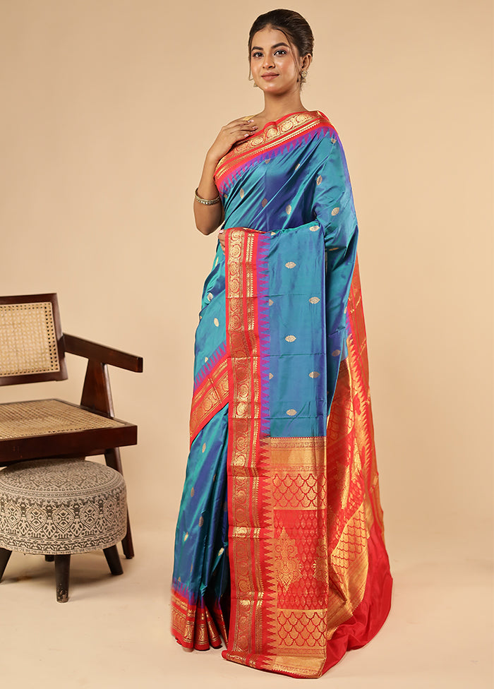 Blue Handloom Kanchipuram Pure Silk Saree With Blouse Piece