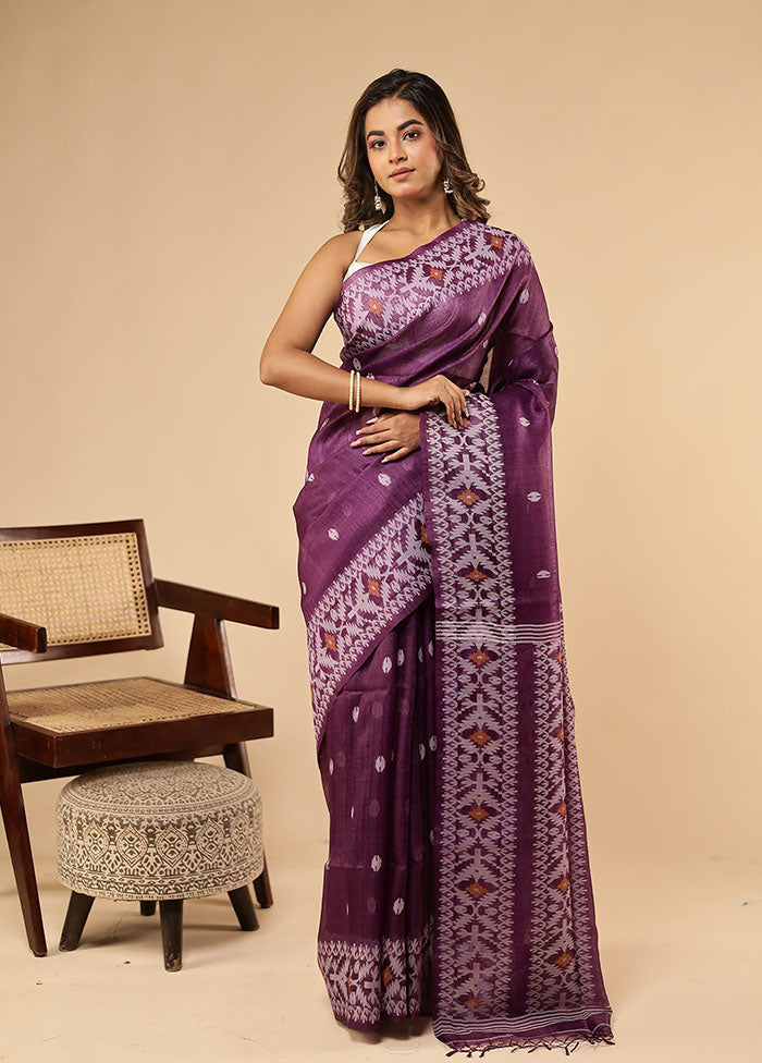 Purple Handloom Tussar Pure Silk Saree With Blouse Piece