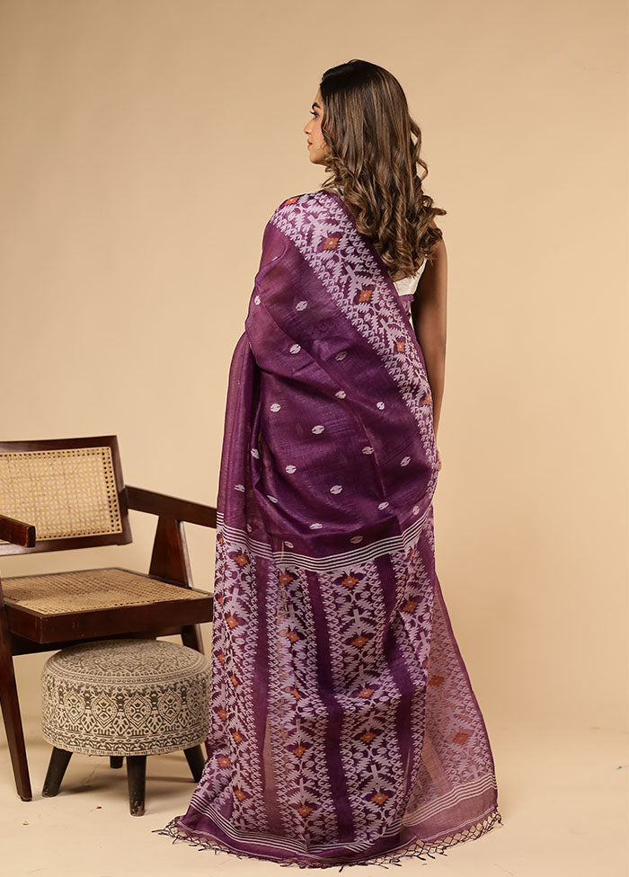 Purple Handloom Tussar Pure Silk Saree With Blouse Piece
