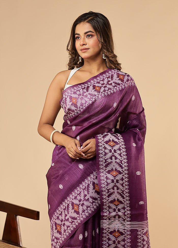 Purple Handloom Tussar Pure Silk Saree With Blouse Piece
