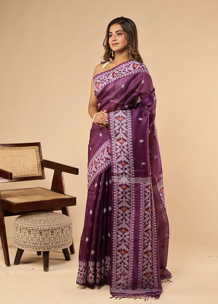 Purple Handloom Tussar Pure Silk Saree With Blouse Piece