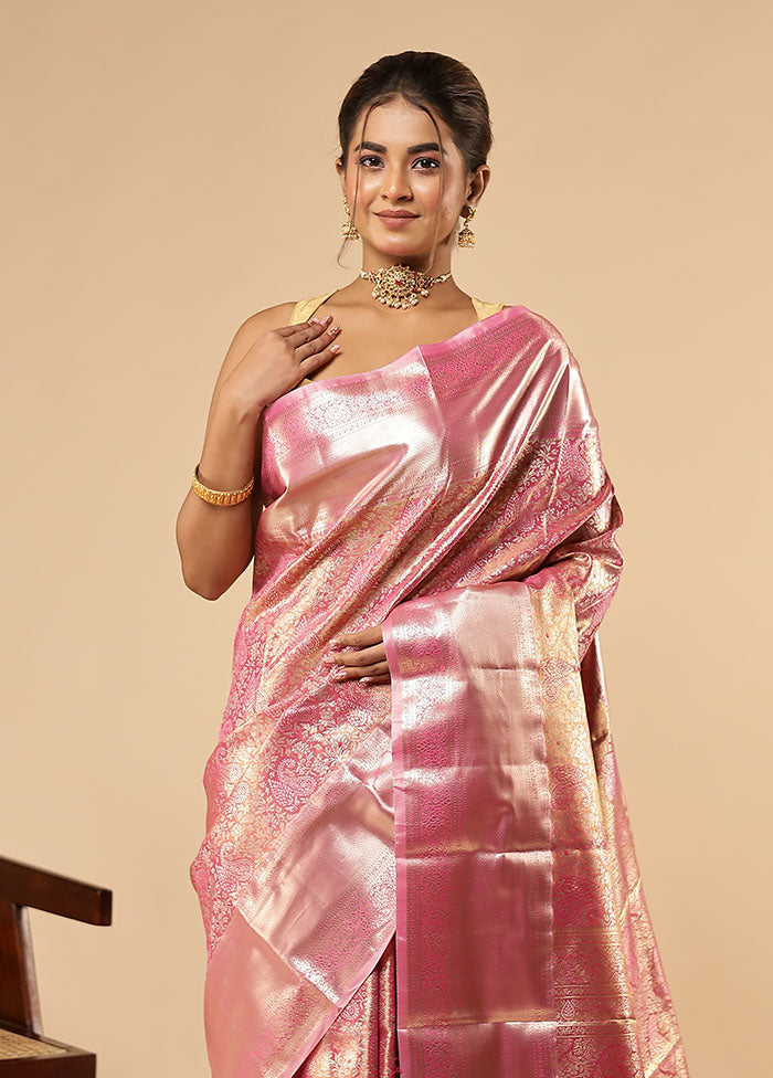 Pink Kanjivaram Silk Saree With Blouse Piece