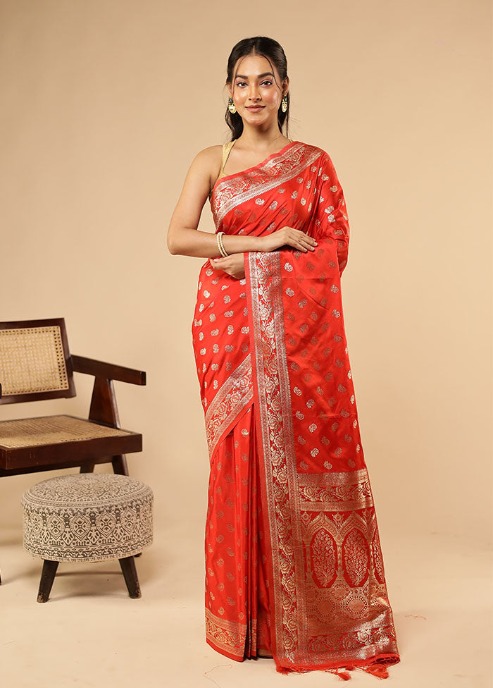 Red Dupion Silk Saree With Blouse Piece