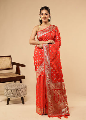 Red Dupion Silk Saree With Blouse Piece