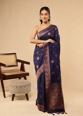 Blue Dupion Silk Saree With Blouse Piece