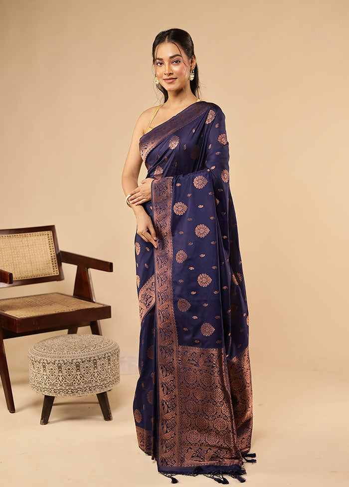 Blue Dupion Silk Saree With Blouse Piece
