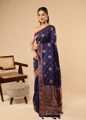 Blue Dupion Silk Saree With Blouse Piece