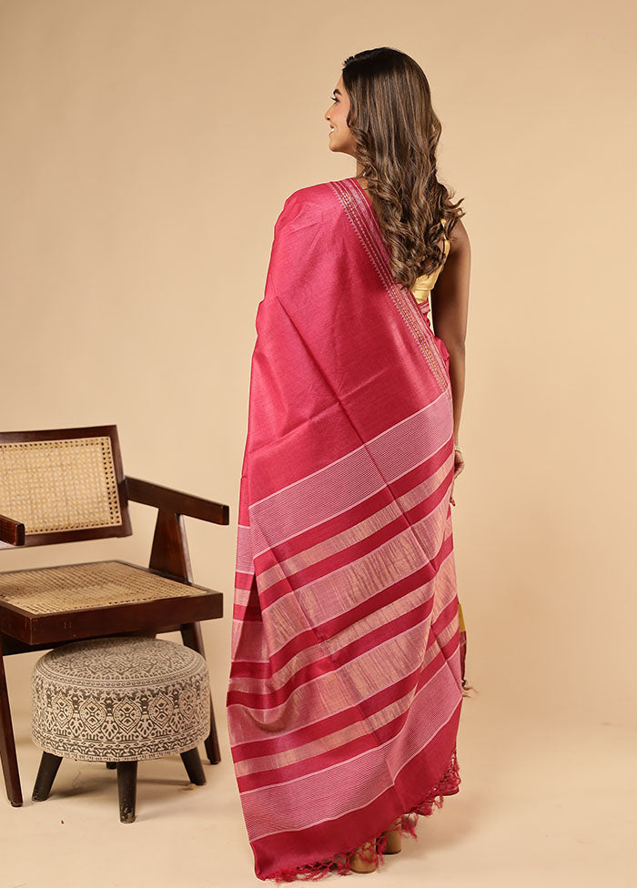 Pink Handloom Tussar Pure Silk Saree With Blouse Piece