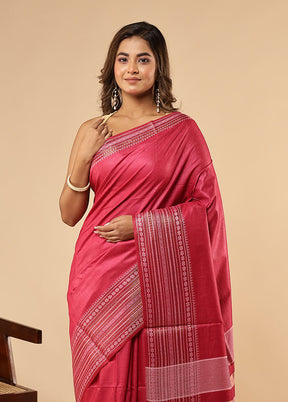 Pink Handloom Tussar Pure Silk Saree With Blouse Piece