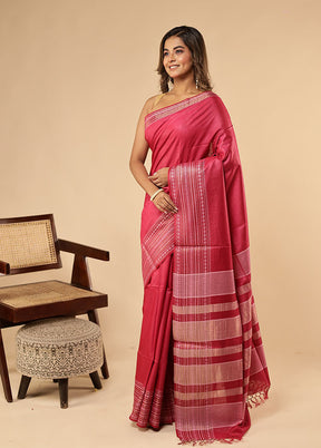 Pink Handloom Tussar Pure Silk Saree With Blouse Piece