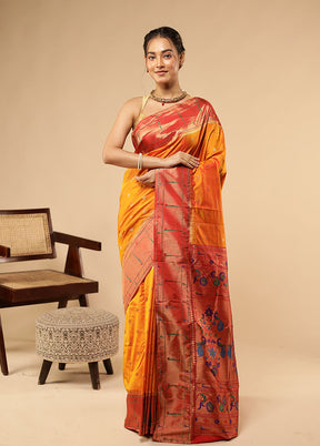 Orange Handloom Kanchipuram Pure Silk Saree With Blouse Piece