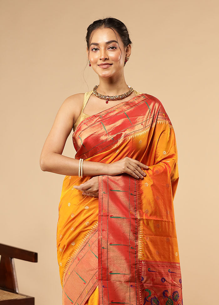 Orange Handloom Kanchipuram Pure Silk Saree With Blouse Piece