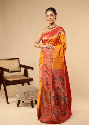 Orange Handloom Kanchipuram Pure Silk Saree With Blouse Piece
