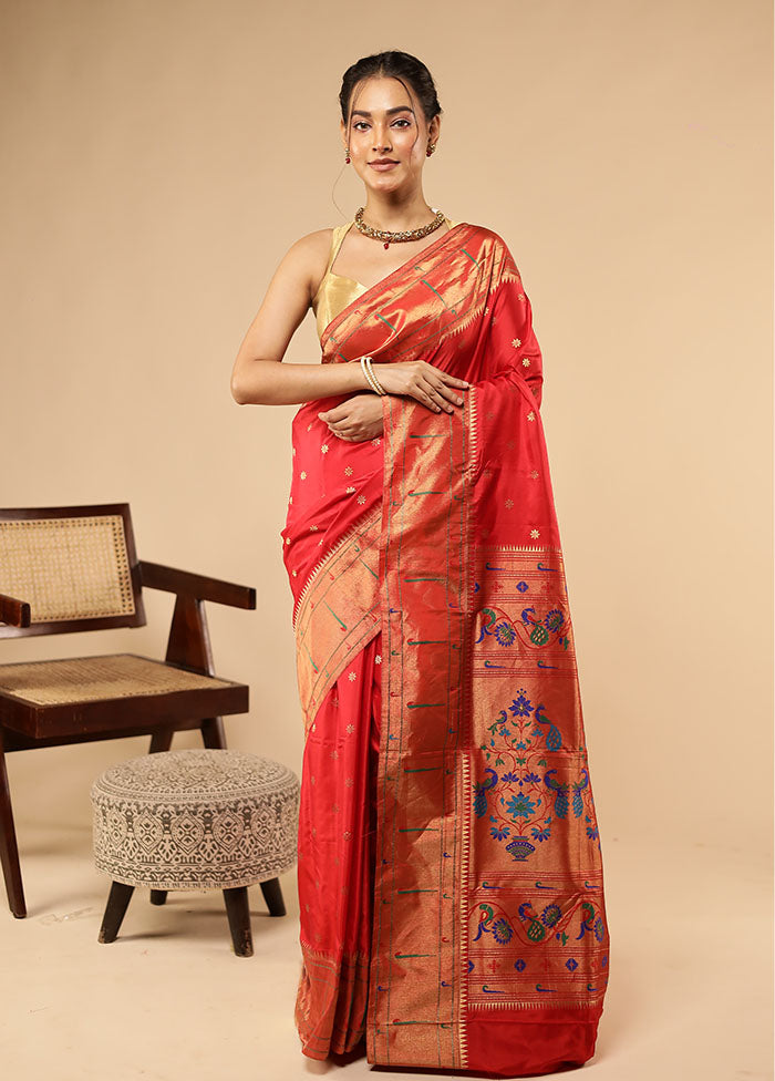 Red Handloom Kanchipuram Pure Silk Saree With Blouse Piece