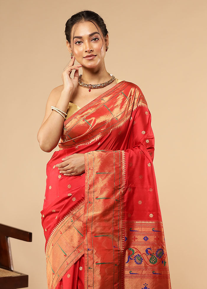 Red Handloom Kanchipuram Pure Silk Saree With Blouse Piece
