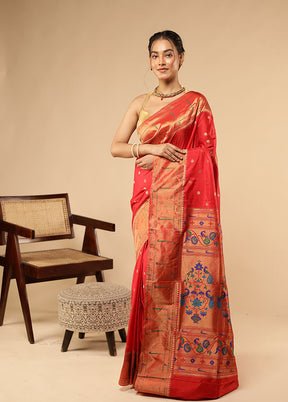 Red Handloom Kanchipuram Pure Silk Saree With Blouse Piece