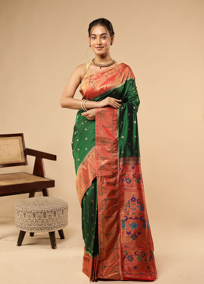 Green Handloom Kanchipuram Pure Silk Saree With Blouse Piece