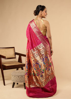 Pink Handloom Kanjivaram Pure Silk Saree With Blouse Piece