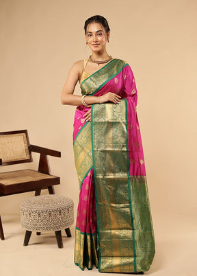 Pink Handloom Kanjivaram Pure Silk Saree With Blouse Piece